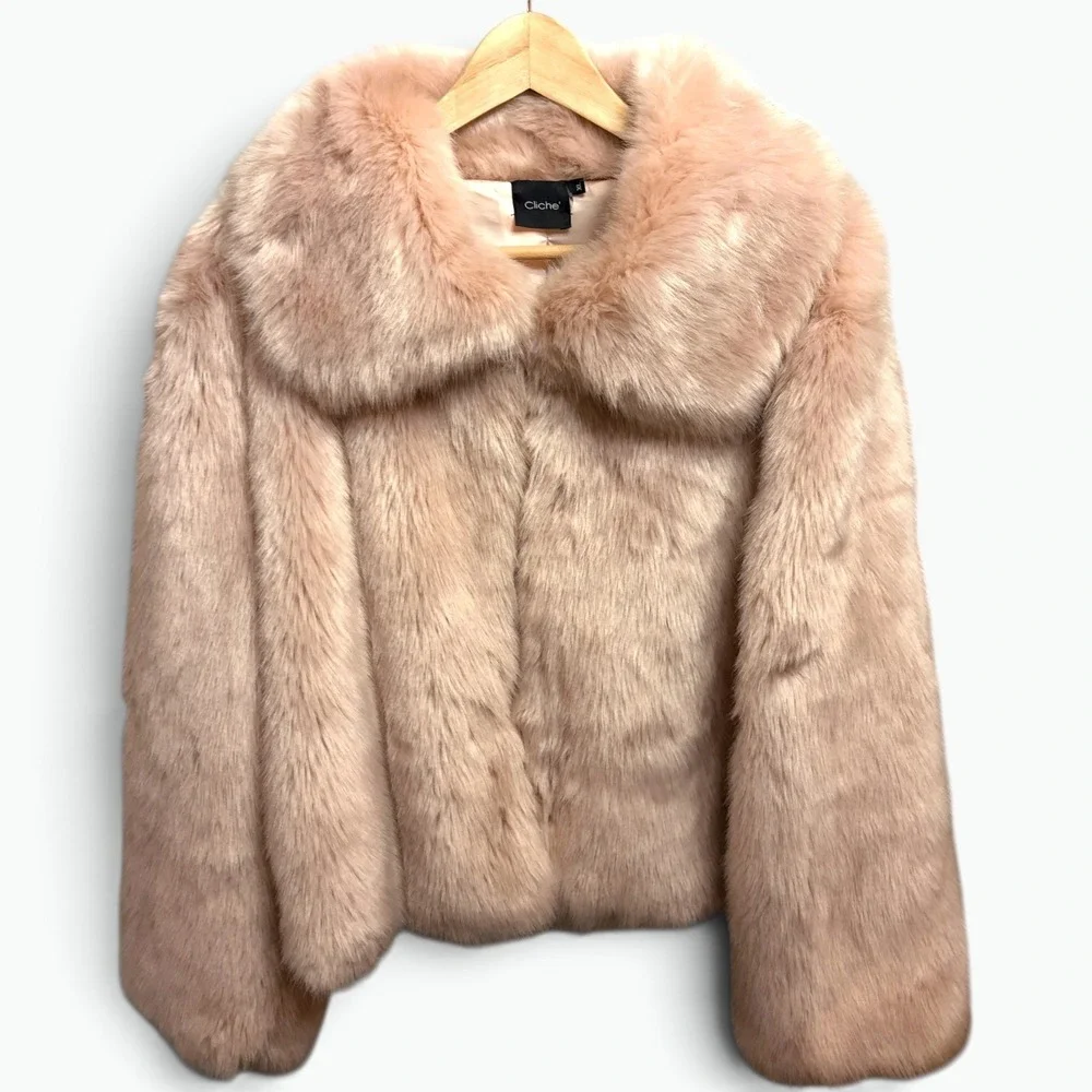 Cliche Pink Faux Fur Coat Coquette Glam Barbiecore XL Blush Winter Ski Bunny